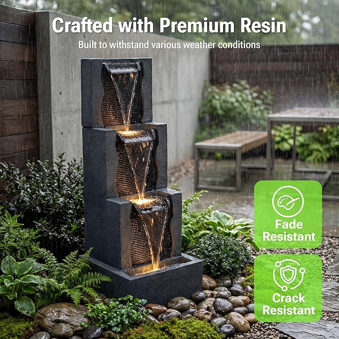 39-Inch Outdoor Water Fountain, 4-Tier Modern Cascading Resin Waterfall Fountain with 3 LED Lights, Indoor & Outdoor Water Feature for Garden, Patio, Backyard, Deck, Porch, Balcony in Black
