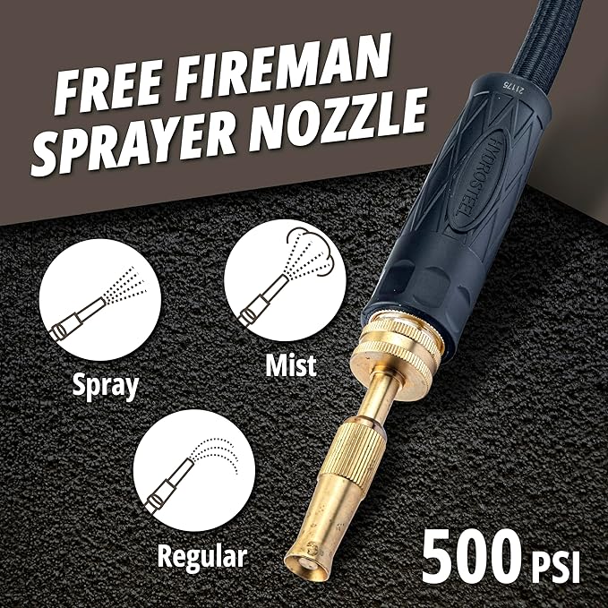 Hydrosteel PRO 50 Ft Metal Garden Hose with Nozzle, Water Hose Made from Heavy Duty 304 Stainless Steel, Flexible, Lightweight, Brass Crush Resistant Fittings, Non Kinking, 5/8” Diameter, 600 PSI