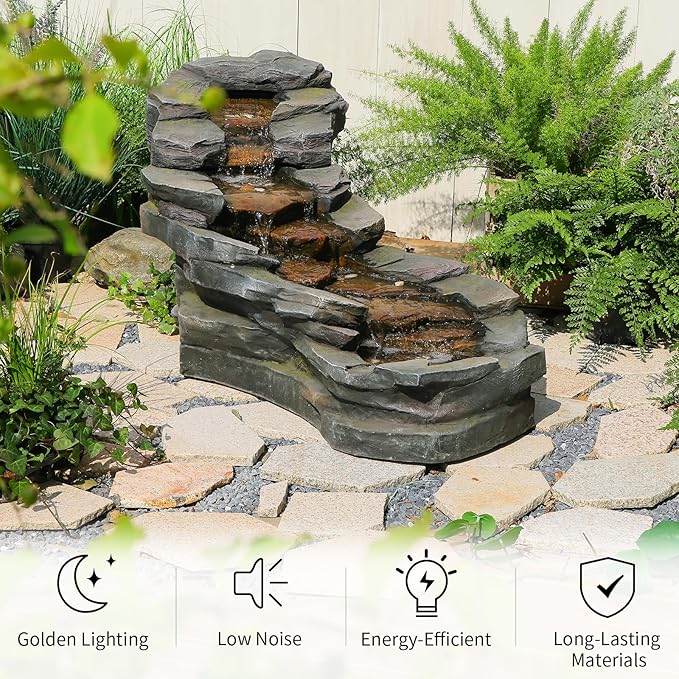 Sunlinua 49" L Water Fountain Outdoor 5-Tiers Rock Natural Waterfall Fountains Floor Standing Water Features with LED Lights for Garden, Patio, Porch, Home Art Decor