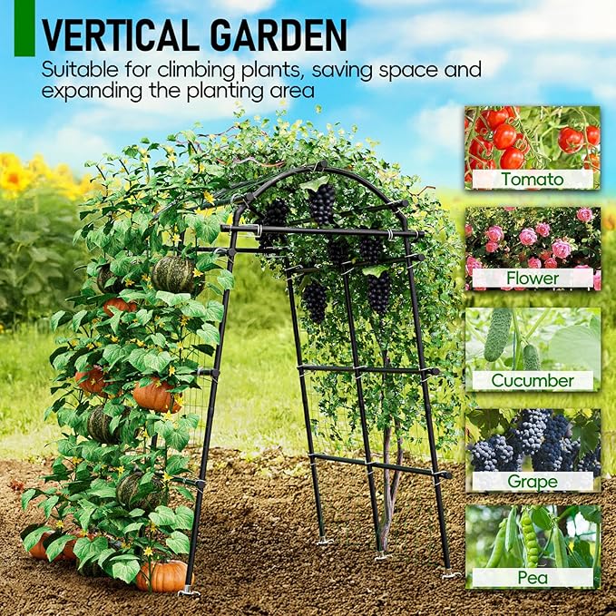SPECILITE Garden Arch Trellis 86 in Extra Tall for Climbing Plants Outdoor, Steel Stainless Arched Arbors Tunnel Trellis with Netting, Includes Sure Clips, Cable Ties for Cucumber Tomato Vines