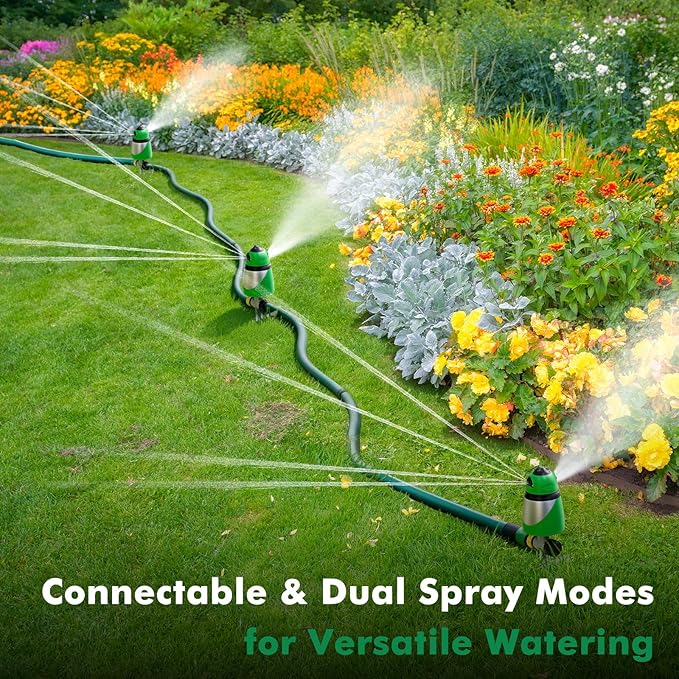 RESTMO Unique Design 2-Pattern Pulsating Sprinkler with Zinc Alloy Spike Base, Heavy Duty Lawn Sprinkler for Garden, Plants, Flower Beds & Large Yard Watering, Adjustable Tabs for Flexible Coverage