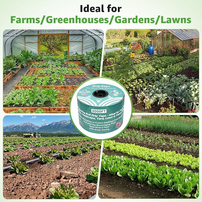 3000FT 5/8" Drip Tape Irrigation, 16 Mil Heavy Duty with 6" Emitter Spacing, Silver Reflective Drip Tape Resistant to Pecking & Biting, Heat-Safe for Seedlings, Ideal for Garden Farm Greenhouse Patio