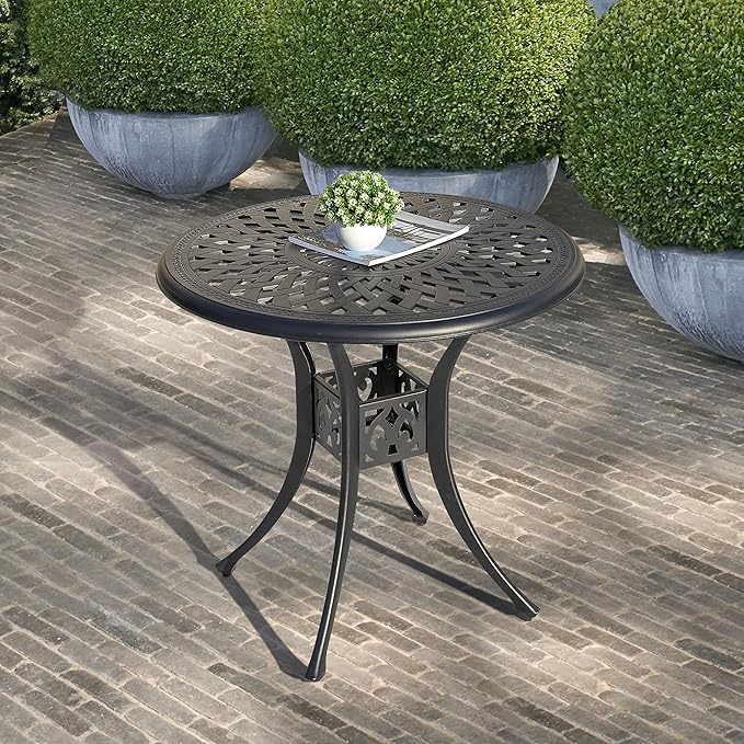 NUU GARDEN 30" Round Patio Bistro Table, Cast Aluminum Round Outdoor Bistro Table with Ice Bucket Function and Umbrella Hole for Poolside, Deck, Backyard, Balcony, Black with Gold Point