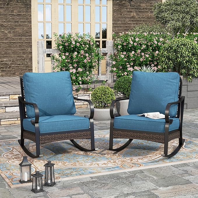 HERA'S HOUSE Patio Rocking Chairs Set of 2 with Thick Cushions, High Back Metal Outdoor Rockers, All Weather Garden Furniture for Backyard, Deck, Lawn, Navy Blue