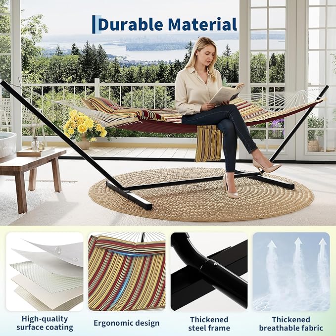 Garvee 2 Person Outdoor Hammock with Stand, Heavy Duty Portable Double Hammock with Balance Rope, MAX 450 LBS Capacity for Patio, Backyard, Garden, Beach