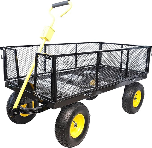 Steel Garden Cart 880 lbs Capacity Heavy Duty Garden Wagons,with Removable Steel Mesh Sides to Convert into Flatbed,Utility Metal Wagon w/ 180°Rotating Handle (Big-Pneumatic)