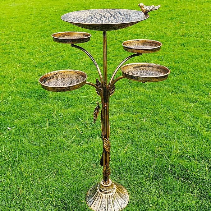 HOUYANG 33.5 "H Metal Bird Bath for Outside with 4-Bird Feeder & Cast Iron Base, BirdBaths for Outdoors,Garden Patio Decor for Yard