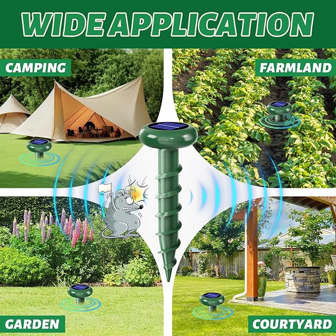 Solar Powered Ultrasonic Mole Repellent,Outdoor Animal Repellent Effective Get Rid of Snake Skunk Vole Groundhog Chipmunk Squirrel,Yard Garden Spiral IP 65 Waterproof Sonic Spikes（6 Pack）