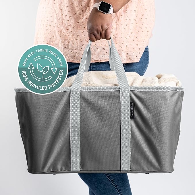 CleverMade Collapsible Laundry Tote, 50L Carry-All Tote, 2 Pack, Charcoal | Carry a Full Load with One Hand | Long Center Handles Balance 55 lb, While the Steel Rim Holds Shape and Folds Flat