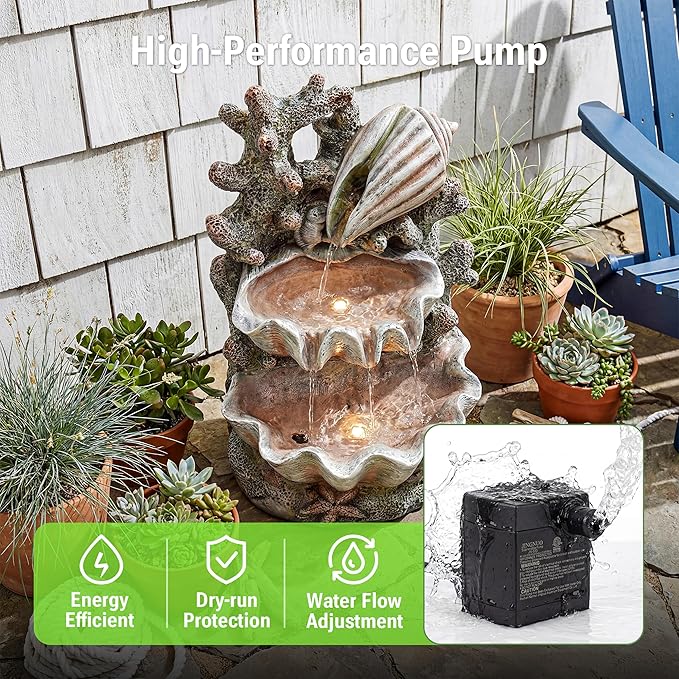 19-Inch Outdoor Water Fountain, 3-Tier Indoor & Outdoor Coral & Seashell Resin Waterfall Fountain with 2 LED Lights, Ocean Themed Water Feature for Garden, Patio, Yard, Balcony, Deck in Pink
