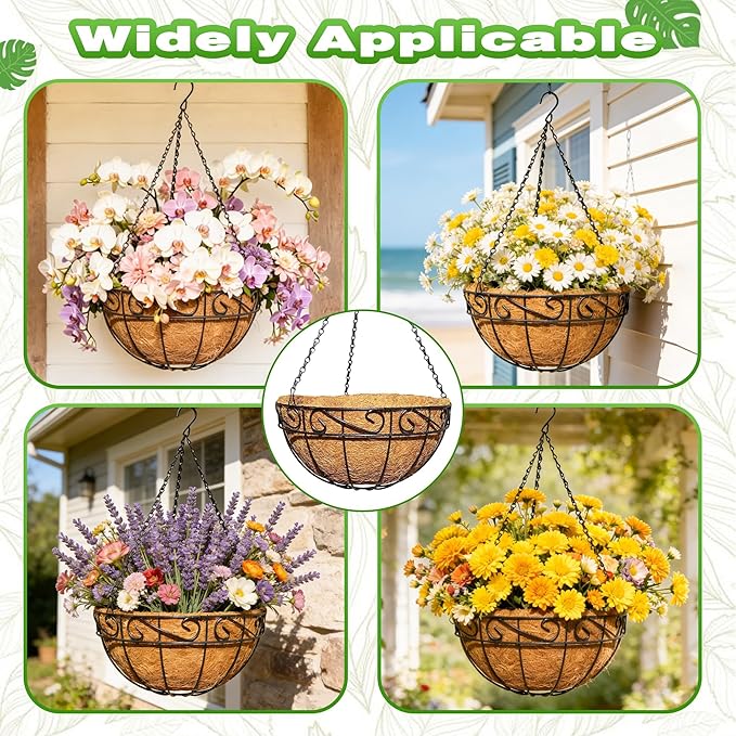 4 Pack 12 Inch Metal Outdoor Hanging Baskets Black Heavy Duty Hanging Planters with Coco Liners for Indoor Outdoor Plants Gardens Patios Terraces（Lace）