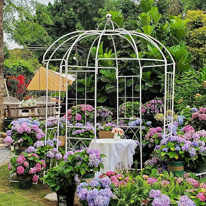 Birdcage Shape Garden Arches Arbors,9' High x 6.8' Wide,Metal Gazebo White Enduring Iron Trellis Plants Stand Use for Outdoor Garden Climbing Plants Wedding Arches Ceremony