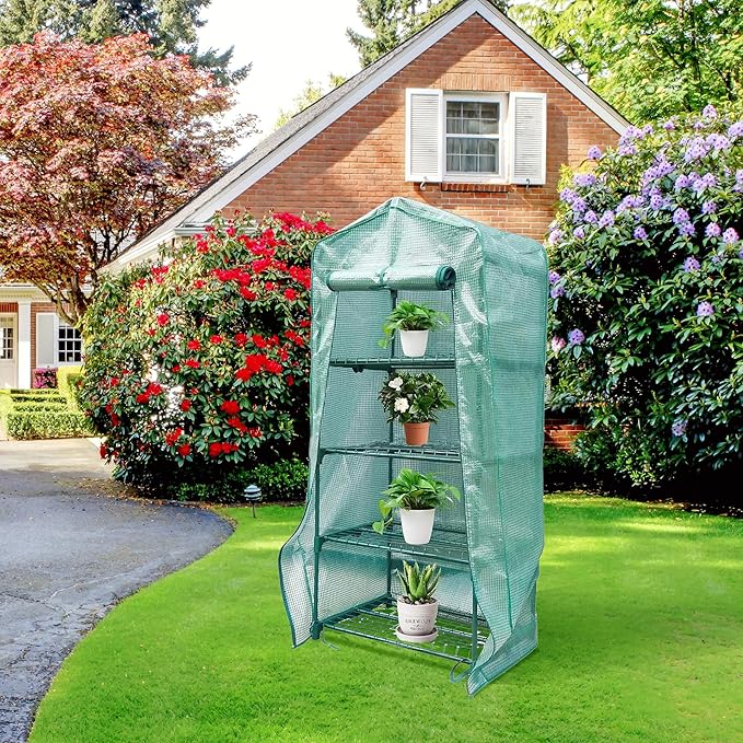 Sfcddtlg 4 Tier Greenhouse Replacement Cover with Roll-Up Zipper Door-PE Plant Greenhouse Cover for Indoor Outdoors Gardening Plants Cold Frost Protection Wind Rain Proof (Frame NOT Include)