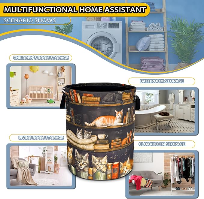 Cat On The Bookshelf Laundry Basket Foldable Waterproof Hamper 18.9x16.5 In