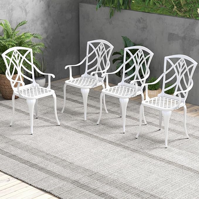 Tangkula Set of 4 Cast Aluminum Patio Dining Chairs, Outdoor Patio Chairs with Armrests, Patio Bistro Chairs for Garden, Backyard, Porch and Lawn, White