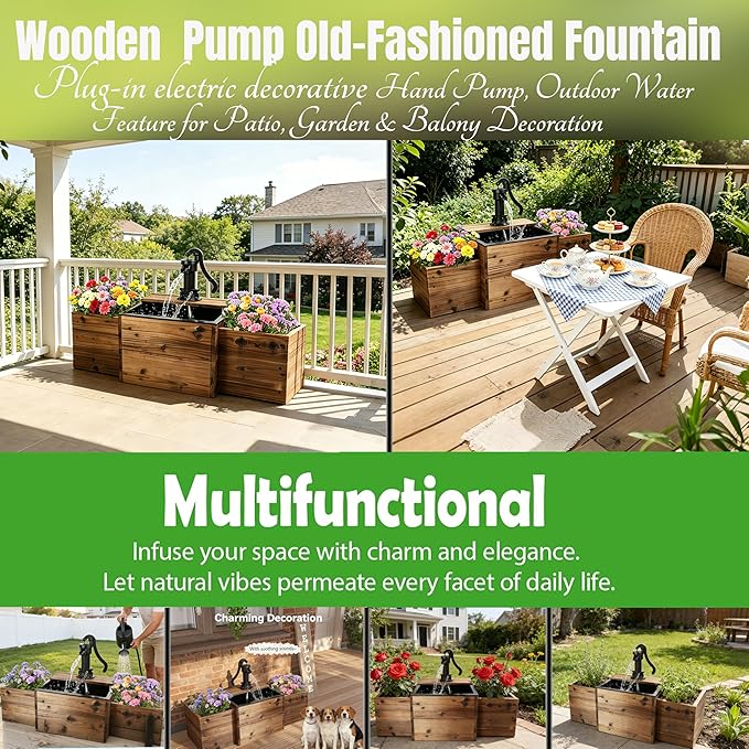 NestNature Outdoor Water Fountain,Floor Wooden Rectangular Pump Old-Fashioned Fountain with Flower Box,Electric Decorative Hand Pump, Outdoor Water Feature for Garden Patio Backyard