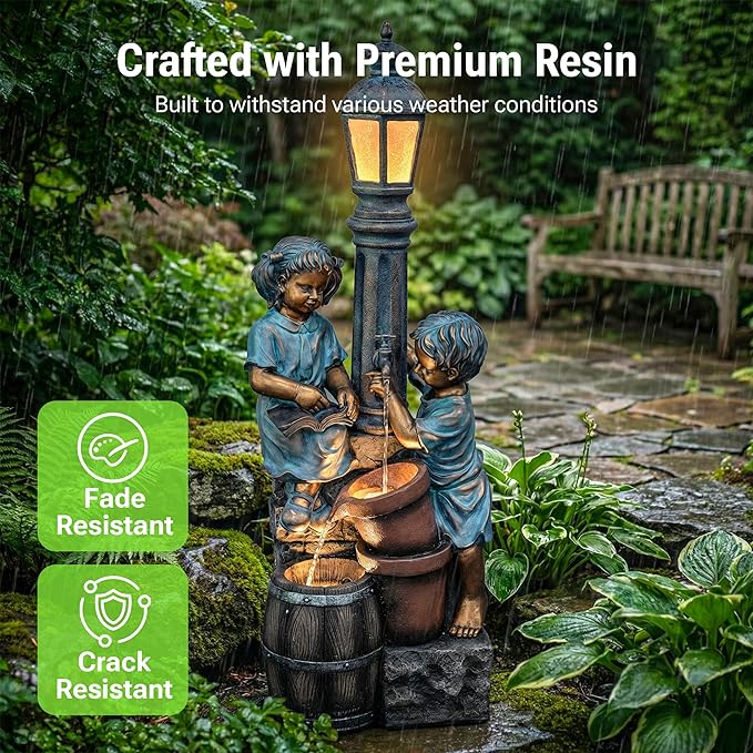 47-Inch Outdoor Water Fountain, 3-Tier Boy and Girl Resin Waterfall Fountain, with Soothing Water Sound & 3 Warm LED Lights, Home Decor for Garden, Patio, Yard, Deck or Lawn in Brown and Blue