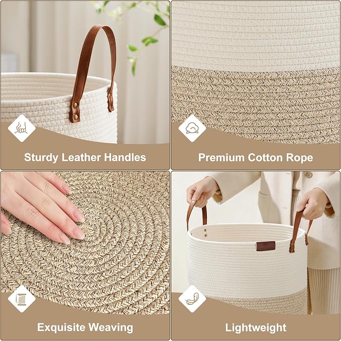 VIPOSCO 30L Small Woven Rope Laundry Hamper, Leather Handles, White & Brown | Baby Wicker Laundry Basket for Clothes, Blankets, Kids Toys, Towels, Storage Bin in Nursery, Bedroom, Bathroom, Living Room