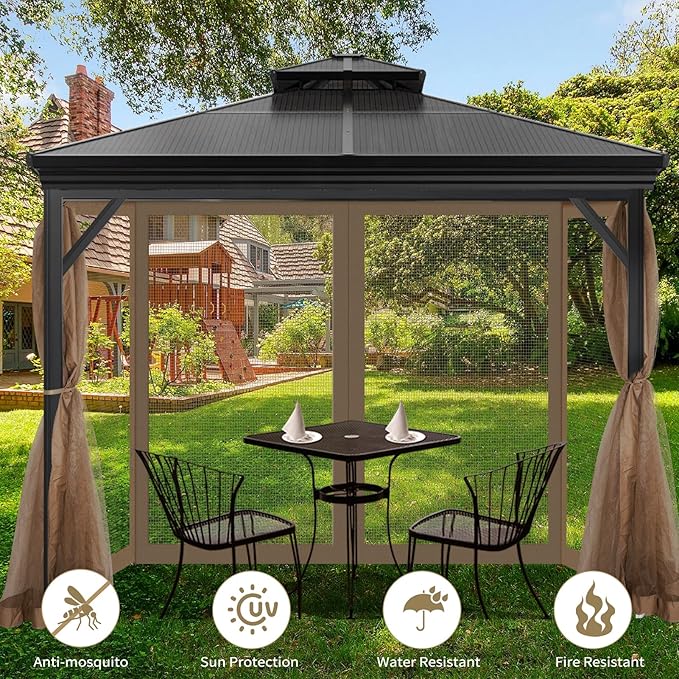Gazebo Universal Replacement Mosquito Netting, 8' x 8' Outdoor Mesh Netting Screen 4-Panel Sidewall with Zipper for Patio, Canopy, Garden and Backyard, Khaki(Mosquito Net Only)