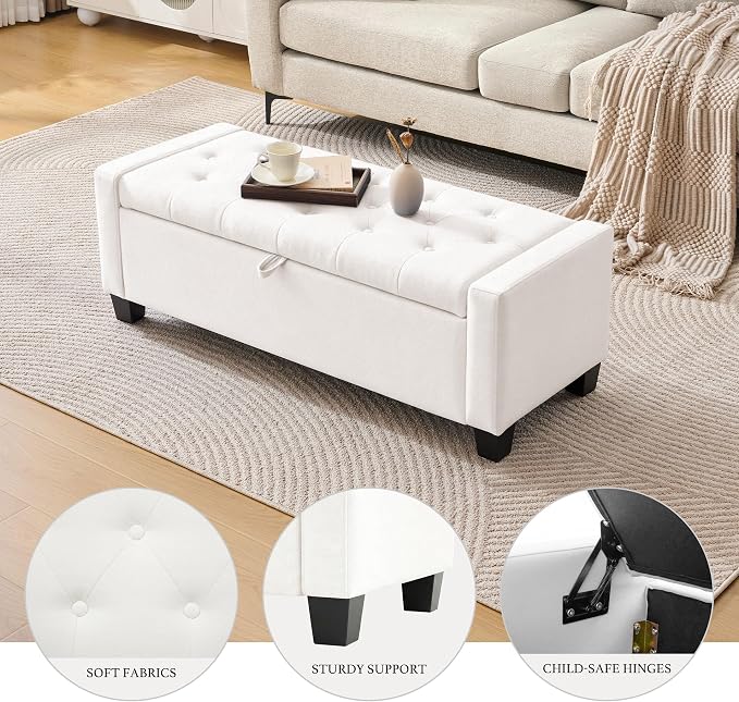 Huatean Home 43" Ottoman with Storage, White Storage Ottoman Bench | Upholstered Entryway Bench with Seating for Bedroom, Living Room, with Safety Hinge, Holds up to 330 lb