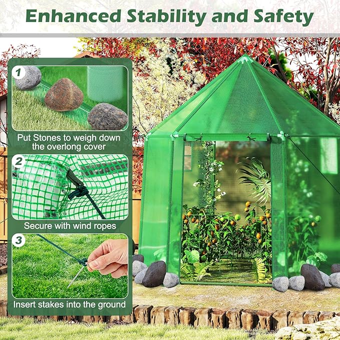 HAPPYGRILL 6.5 x 5.6 x 6.2 FT Greenhouse, Portable Outdoor Greenhouse w/ PE Cover, Rustproof PE-Coated Metal Frame, Roll-up Zippered Door, Windows, Greenhouses for Outdoors, Garden, Patio, Backyard