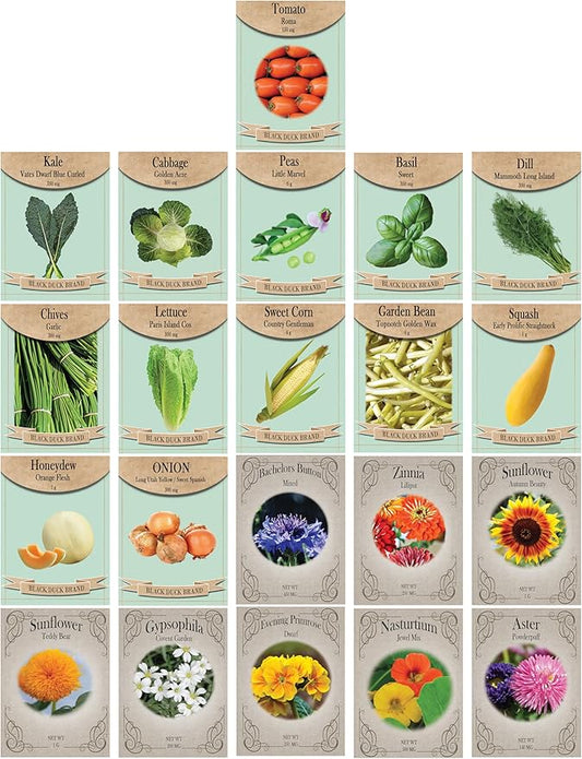 Flower & Vegetable Seed Set - 21 Varieties of Non-GMO Heirloom Premium Seeds for Planting - Cabbage, Roma Tomato, Peas, Sunflowers, and More