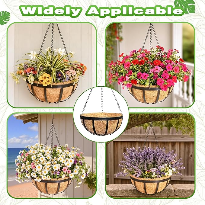2 Pack 12 Inch Metal Outdoor Hanging Baskets Black Heavy Duty Hanging Planters with Coco Liners for Indoor Outdoor Plants Gardens Patios Terraces（Flat Iron）