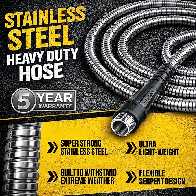 BIONIC STEEL 50 Ft Metal Garden Hose with Sprayer Nozzle, Non Kinking Designed Stainless Steel Heavy Duty Water Hose 50Ft x 5/8 in. Ultra Flexible NON Expandable for Uninterrupted Water Flow, 500 PSI
