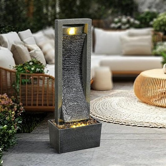 38.6 Inch Tall Indoor Outdoor Water Fountain, Modern Vertical Resin Waterfall with LED Light for Garden, Patio, Yard, Porch & Backyard Decor