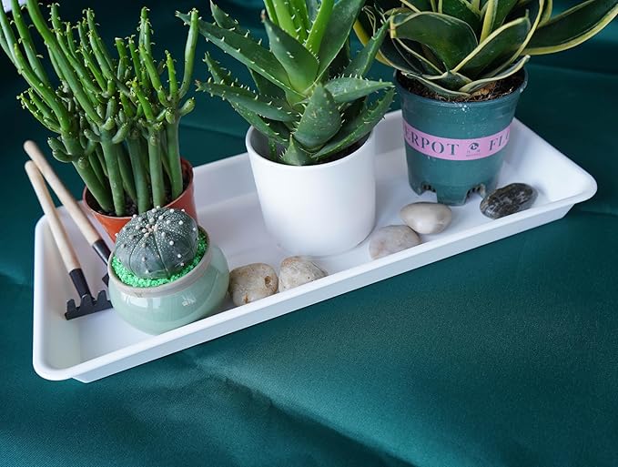 VUWEZ 2 Pack of Plastic Plant Tray Saucer Rectangular 17 18 inch, Pot Trays Saucers for Indoors Outdoor, Plant Water Drip Tray for Flower, Windowsill Planter Trays (7.8 X 17.5'', Cream White)