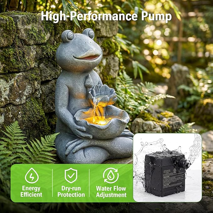 19-Inch Outdoor Water Fountain, Lively Frog Hold a Lotus Resin Waterfall Fountain with Warm LED Light, Frog Statue Water Feature for Garden, Patio, Porch, Backyard, Deck, Lawn, Balcony in Gray