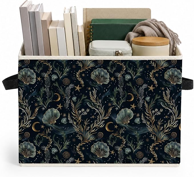 Dark Witchy Ocean Beach Storage Bins Box, Mystical Celestial Coastal Seashell Starfish Seaweed Collapsible Storage Basket Clothes Toys Books Organizer for Bedroom Laundry Room Home Decor