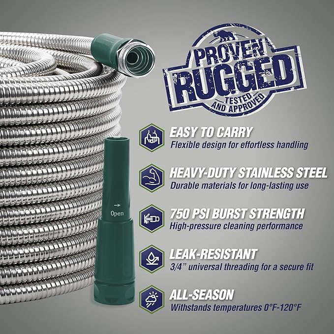 RUGGED RHINO Metal Garden Hose with Spray Nozzle, 304 Stainless Steel, 750 PSI Burst Strength, Heavy Duty Flexible Water Hose, Kink Resistant, Leakproof for Yard, Lawn and Outdoor Use, Green 25FT