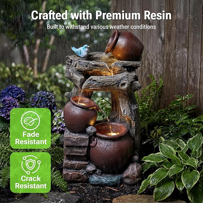 26-Inch Outdoor Water Fountain, 5-Tier Cascading Jars & Wood Design Resin Garden Fountain with Bird Accent & 4 LED Lights, Home Decor for Farmhouse, Patio, Backyard, Deck, Lawn in Brown