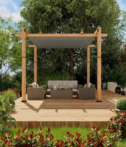 10' X 10' Outdoor Pergola with Retractable Canopy Aluminum Pergola Faux Wood Metal Pergolas Shelter for Backyard, Deck, Patio, Garden Porch Beach Sun Shade Pavilion Grape Trellis Grill, Gray