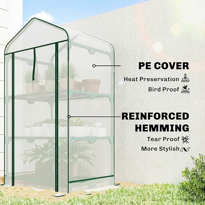 Outsunny 3 Tier Mini Greenhouse with Screen Roof, 27.6" x 19.7" x 50", Portable Small Greenhouse with High Strength PE Cover, Roll-Up Zipper Door for Garden Yard Backyard, White
