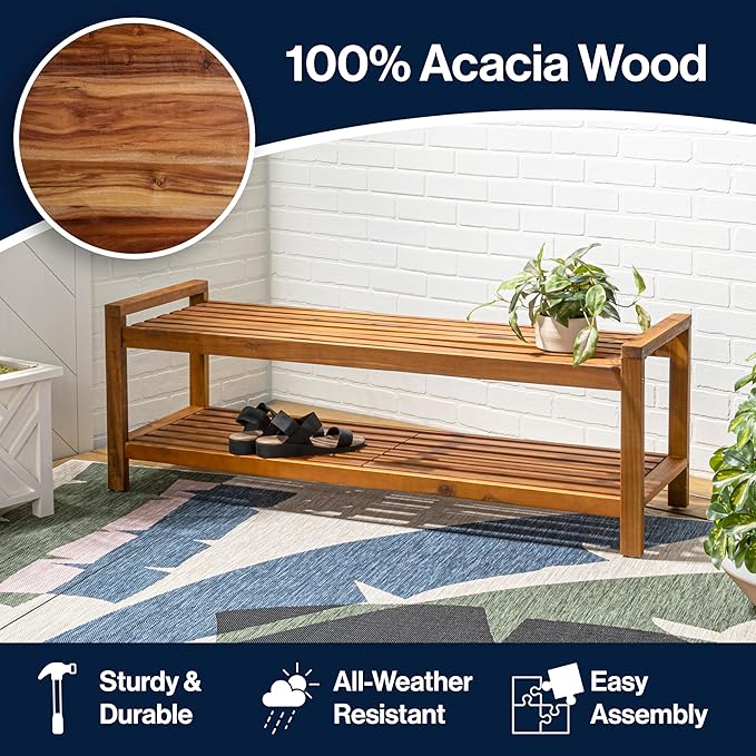 JONATHAN Y BNH102A Blane 50.8" 3-Seat Mid-Century Modern 600-Lbs Support Acacia Wood Slat Outdoor Garden Patio Bench for Garden, Lawn, Backyard, Pool, Deck, Beach, Firepit, Teak