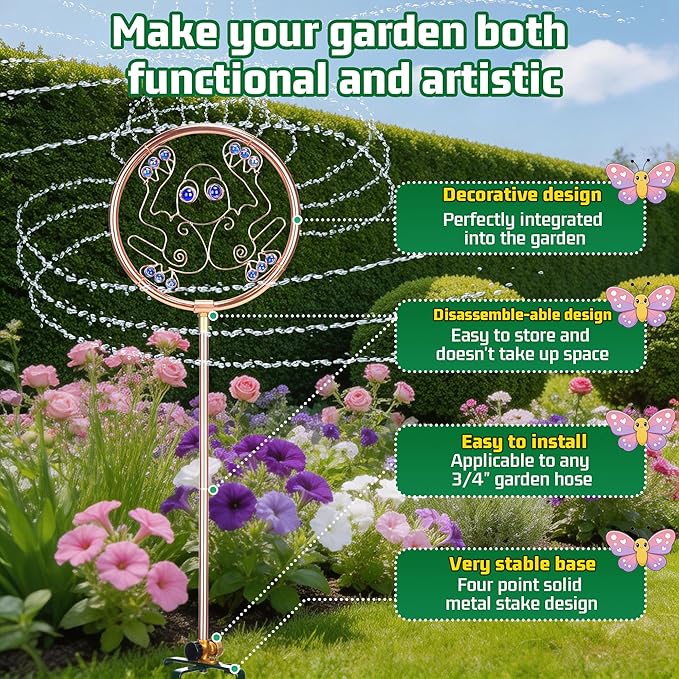 34" Tall Copper-Coated Stainless Steel Garden Sprinkler, 360° Rotating Decorative Ornamental Sprinkler for Lawn, Yard & Landscape Watering (Frog)