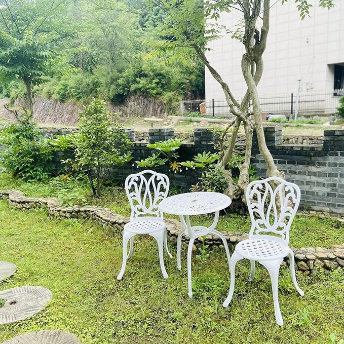 KAILI Patio Bistro Sets 3 Piece cast Aluminum Patio Furniture Outdoor Garden Metal Rust Proof Tables and Chairs White bisrto Set (Big Tulip-White)
