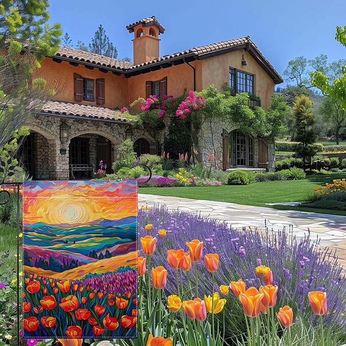 Spring Summer Tulip Lavender Floral Garden Flag for Outside 12x18 Inch Double Sided Burlap Outdoor Yard Flag Decorations for Home
