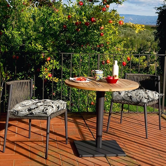 DYTXIII Set of 2 Outdoor Chair Cushions 19"x19"x4", Water Repellent Tufted Patio Seat Cushions with Ties, Thick Replacement Pads for Wicker Dining Chairs, Patio Furniture, Paisley Black