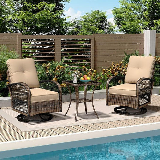 MELLCOM 3 Pieces Patio Furniture Set, Outdoor Swivel Rocker Patio Chairs, Wicker Patio Bistro Set with Rocking Chair, Thickened Cushions and Glass Coffee Table for Backyard, Garden, Khaki