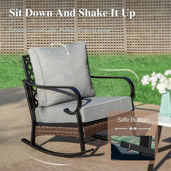 HERA'S HOUSE Patio Rocking Chairs Set of 2 with Thick Cushions, High Back Metal Outdoor Rockers, All Weather Garden Furniture for Backyard, Deck, Lawn, Grey