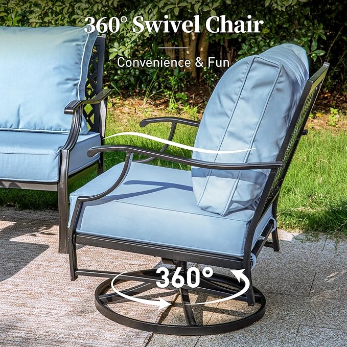 SUNSHINE VALLEY Metal Outdoor Swivel Patio Chairs Set of 2 with 5.75" Extra Thick Cushion, 2 Piece High Back Swivel Rocker Patio Chairs Outdoor Furniture Seating for Deck Balcony Front Porch, Blue