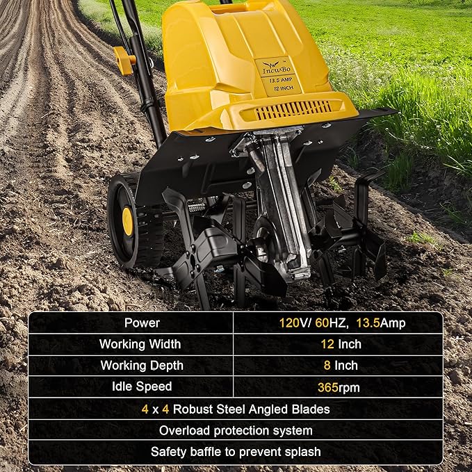 IncwBo Electric Tiller/Cultivator 4 Steel Tines, 8'' Tilling Depth Garden Roto Tillers for Gardening, 13.5 Amp 12 Inch Corded Rototiller with Adjustable Wheels, Yellow
