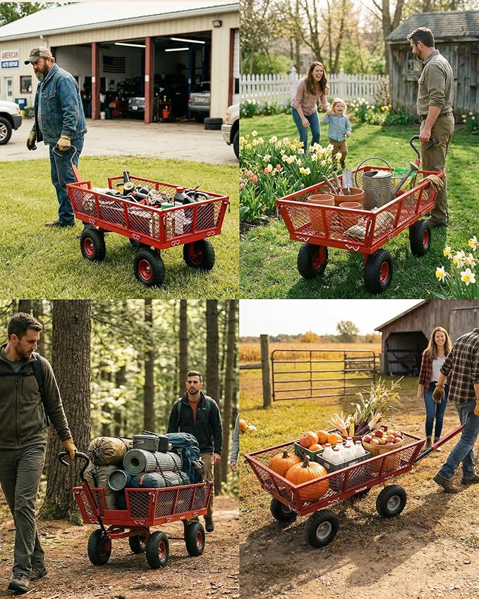 900 Lbs Heavy Duty Steel Garden Cart, Outdoor Metal Garden Wagon On Wheels, Utility Yard Cart with Mesh Removable Sides(Convert to Flatbed) and Removable Handle (to Wheel Barrow), Deep Red