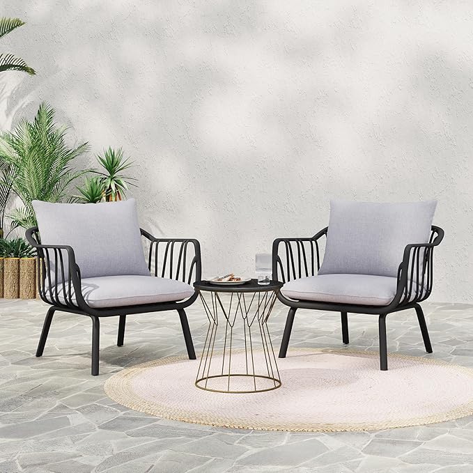 Christopher Knight Home Outdoor Club Chair, Arm Chairs with Cushions, Modern Patio Basket Bucket Seating, Black Basket Weave Chair Sets for Poolside Patio, Plastic Club Chairs Set of 2, Grey