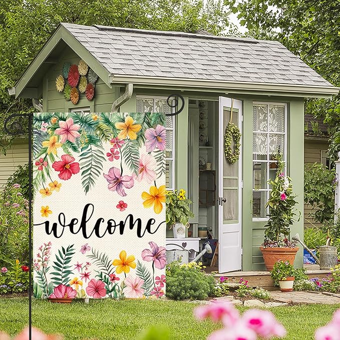 AVOIN colorlife Spring Summer Plumeria Flowers Garden Flag 12 x 18 Inch Double Sided, Seasonal Welcome Yard Outdoor Flag
