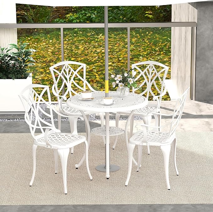 Tangkula Set of 4 Cast Aluminum Patio Dining Chairs, Outdoor Patio Chairs with Armrests, Patio Bistro Chairs for Garden, Backyard, Porch and Lawn, White