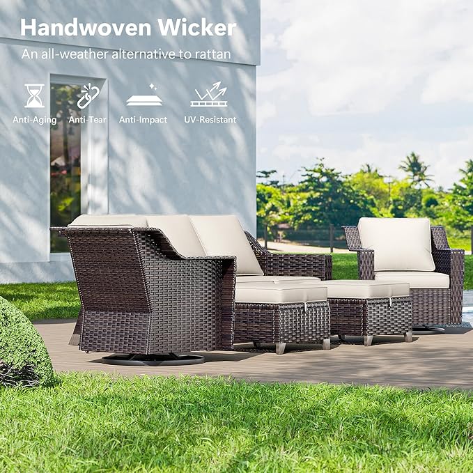 7 Pieces Wicker Patio Furniture, Luxury Outdoor Furniture with 2 Patio Swivel Chair, 3-Seater Sofa, 2 Patio Ottoman, 1 Coffee Table and 1 Side Table, Wide Armrest, Thickened Cushions